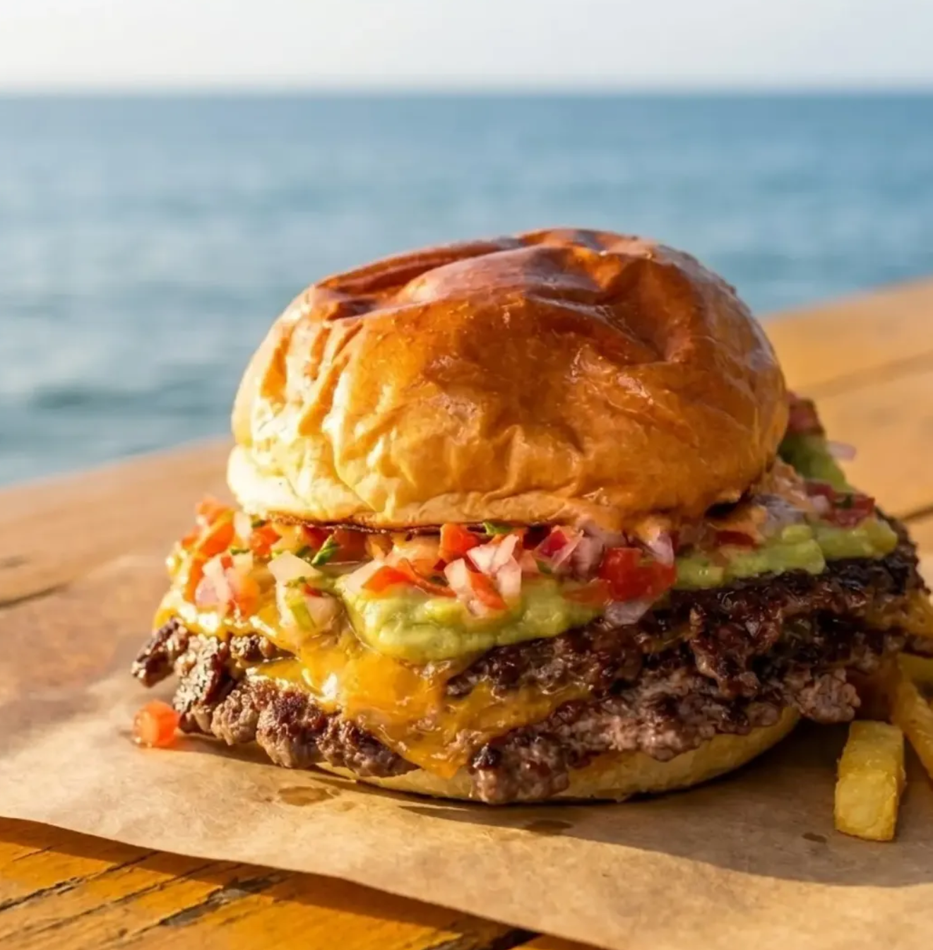 Hamburguesa servida frente al mar en Zoco Palmar